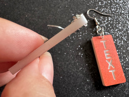 Custom Text Earrings: Laser Engraved Words, Orange with White Text, Letters, Names, Teacher Gift, Anniversary, Best Gifts for Her/Him/Them