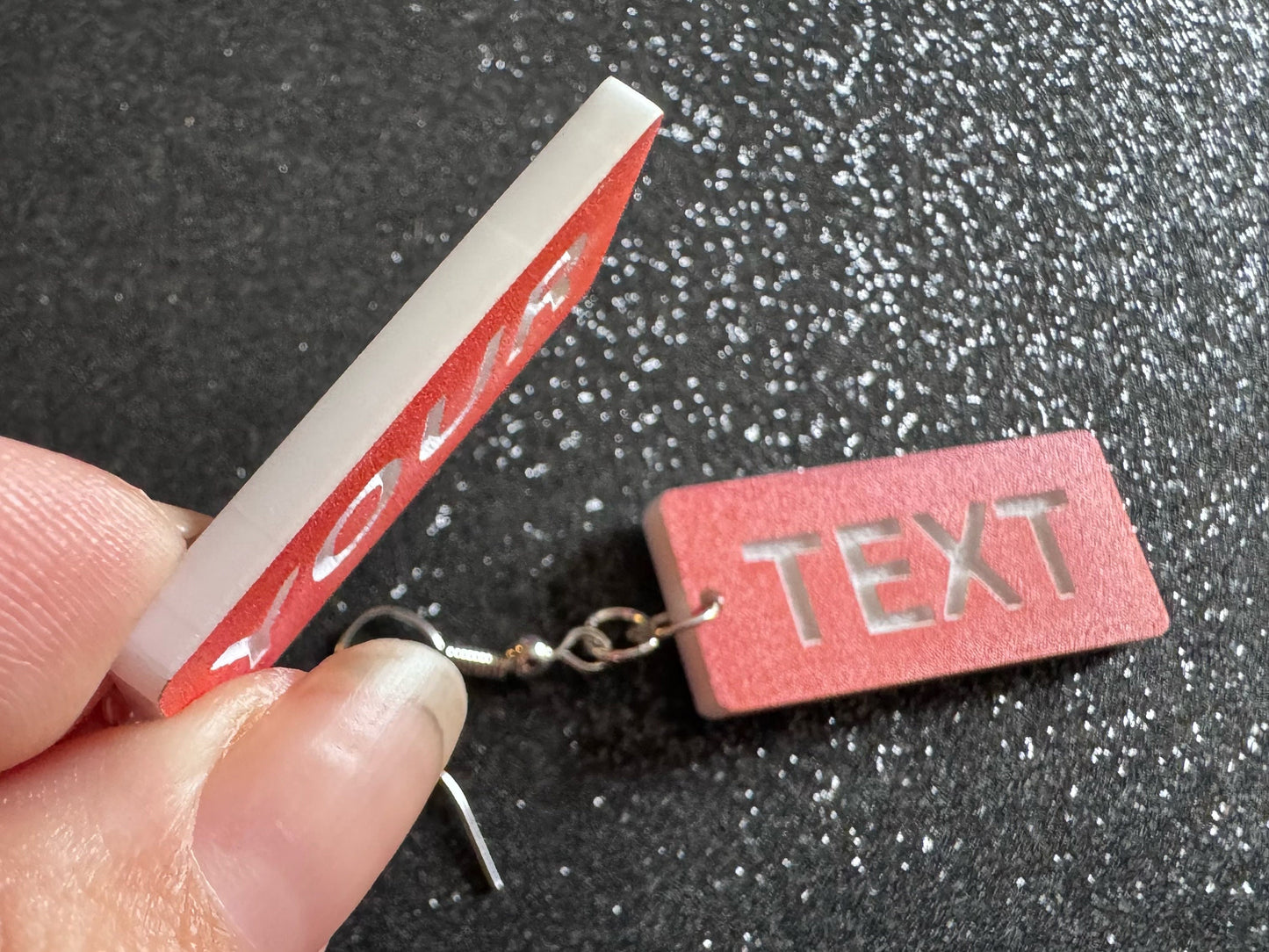 Custom Text Earrings: Laser Engraved Words, Orange with White Text, Letters, Names, Teacher Gift, Anniversary, Best Gifts for Her/Him/Them