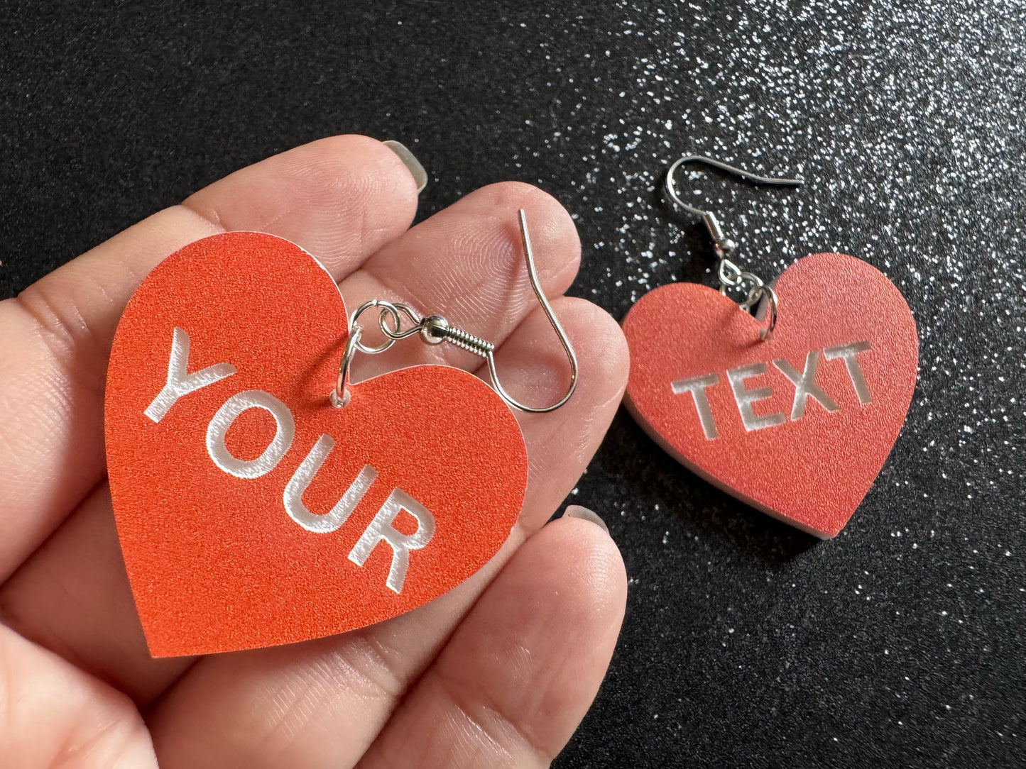 Custom Text Earrings: Laser Engraved Words, Orange with White Text, Letters, Names, Teacher Gift, Anniversary, Best Gifts for Her/Him/Them