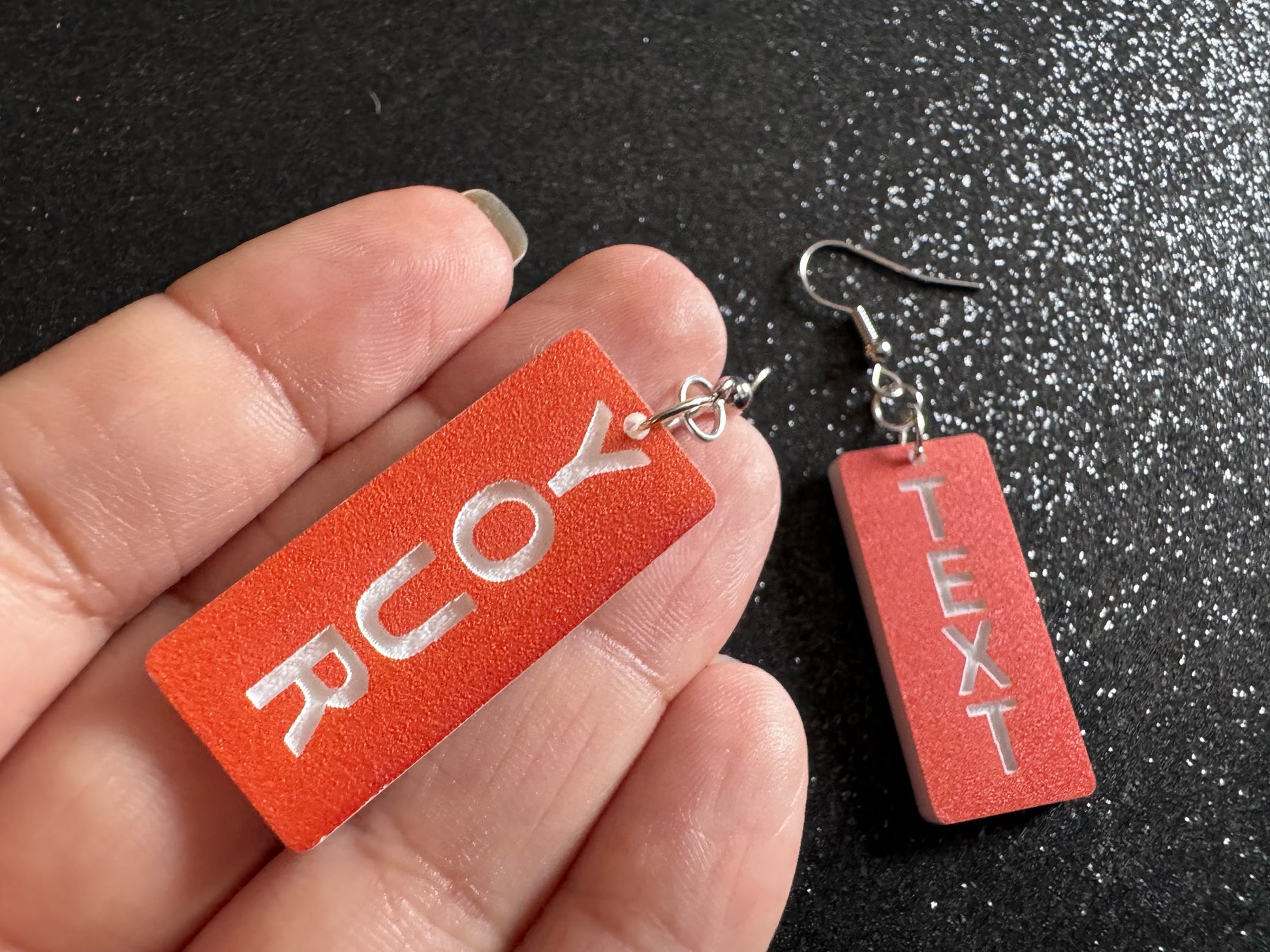 Custom Text Earrings: Laser Engraved Words, Orange with White Text, Letters, Names, Teacher Gift, Anniversary, Best Gifts for Her/Him/Them