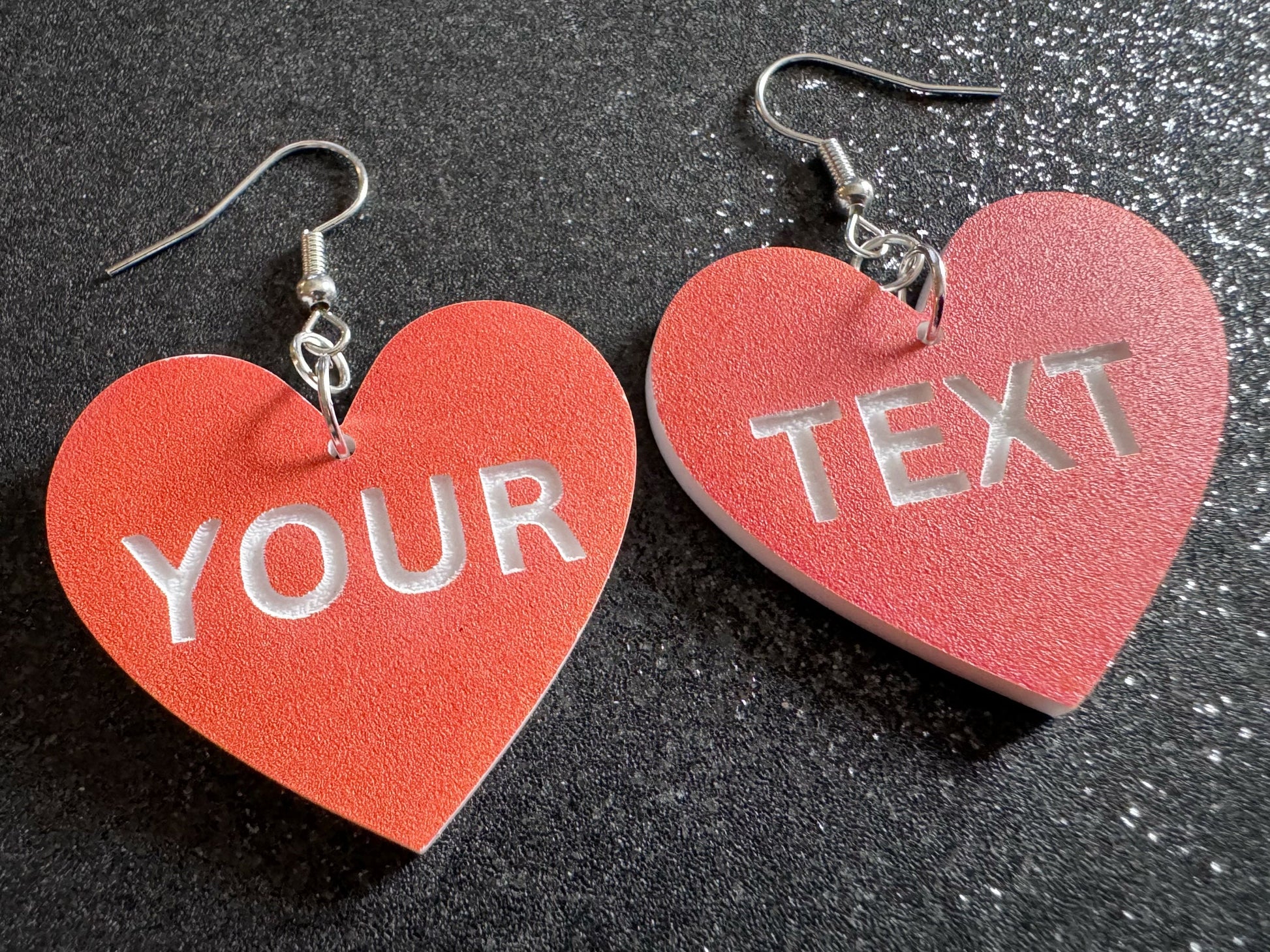 Custom Text Earrings: Laser Engraved Words, Orange with White Text, Letters, Names, Teacher Gift, Anniversary, Best Gifts for Her/Him/Them