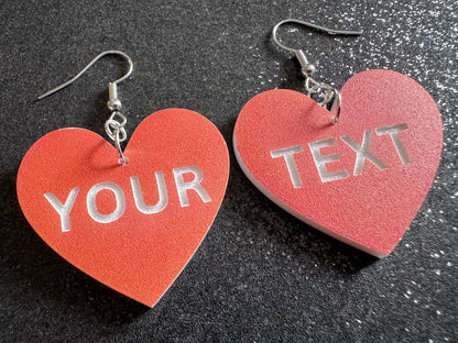 Custom Text Earrings: Laser Engraved Words, Orange with White Text, Letters, Names, Teacher Gift, Anniversary, Best Gifts for Her/Him/Them