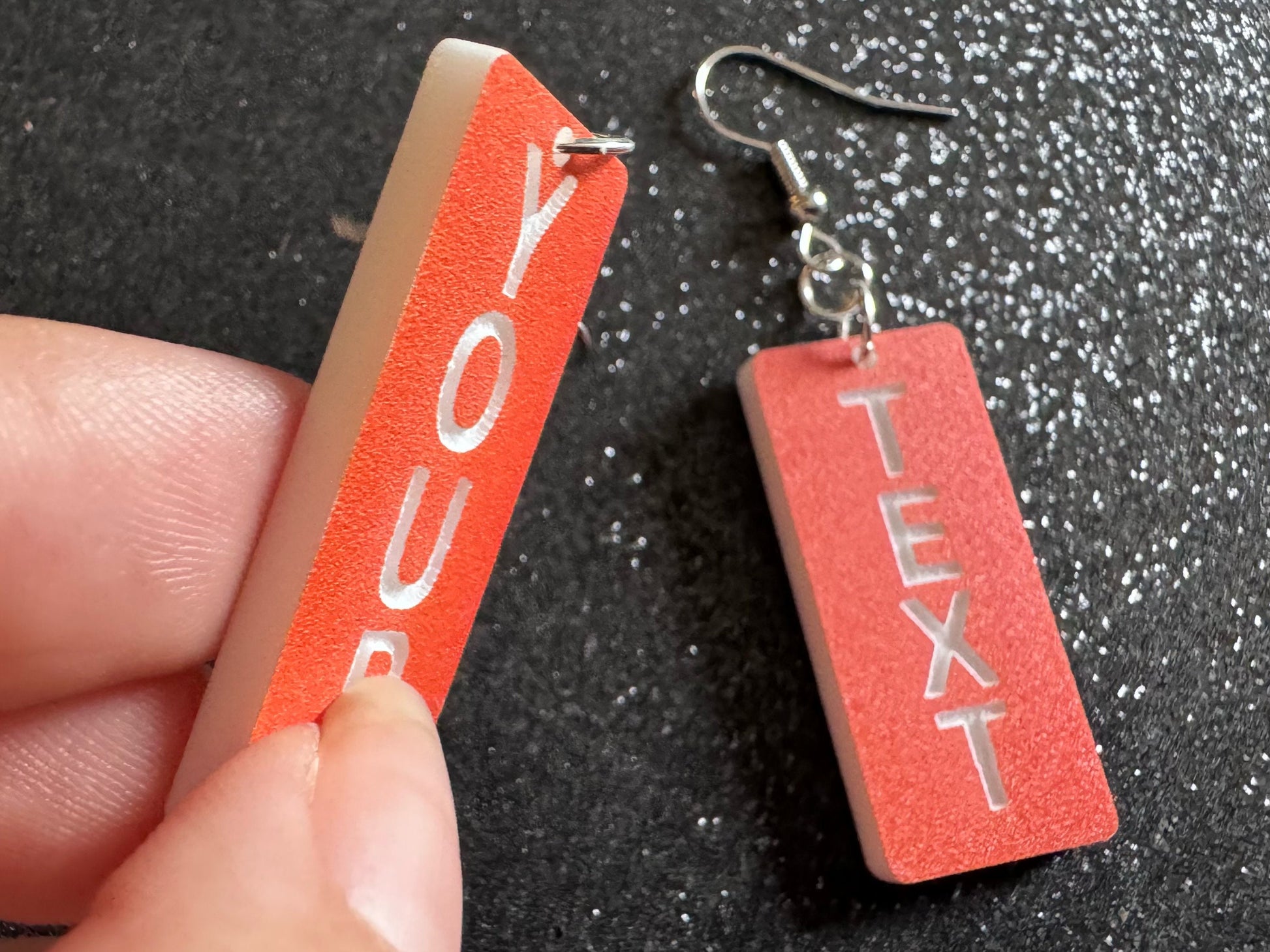 Custom Text Earrings: Laser Engraved Words, Orange with White Text, Letters, Names, Teacher Gift, Anniversary, Best Gifts for Her/Him/Them