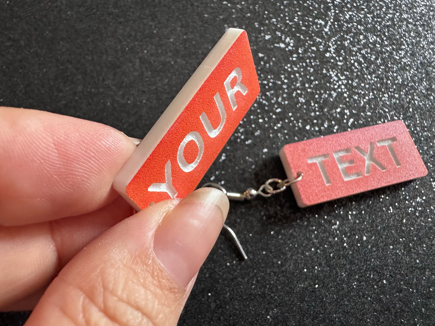 Custom Text Earrings: Laser Engraved Words, Orange with White Text, Letters, Names, Teacher Gift, Anniversary, Best Gifts for Her/Him/Them