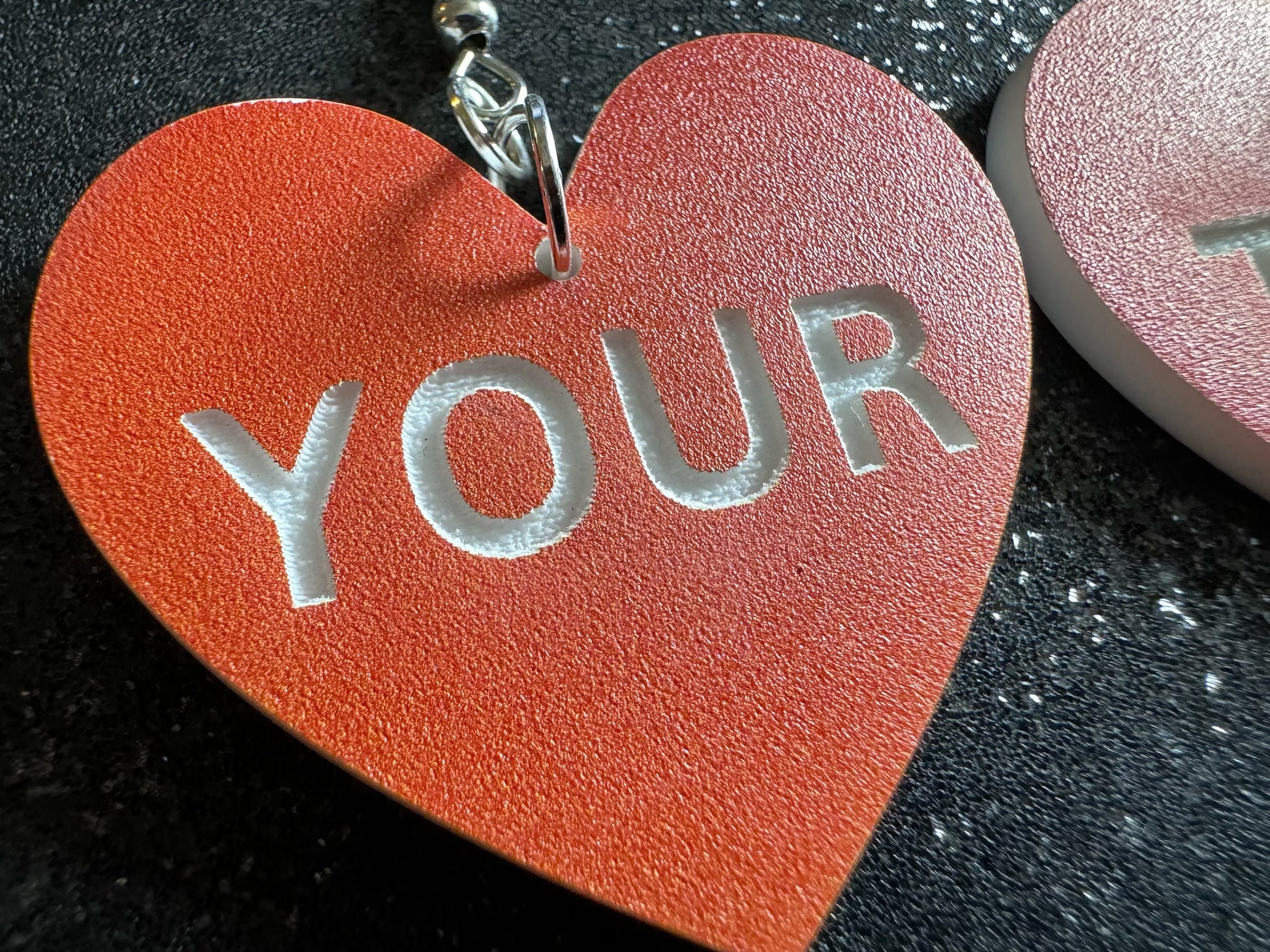 Custom Text Earrings: Laser Engraved Words, Orange with White Text, Letters, Names, Teacher Gift, Anniversary, Best Gifts for Her/Him/Them