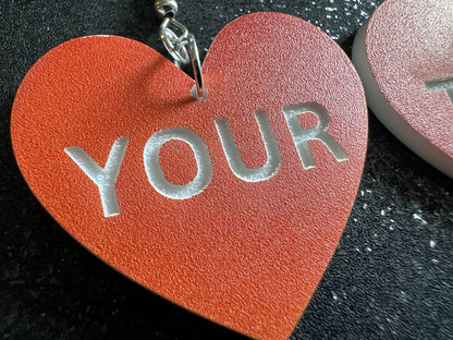 Custom Text Earrings: Laser Engraved Words, Orange with White Text, Letters, Names, Teacher Gift, Anniversary, Best Gifts for Her/Him/Them