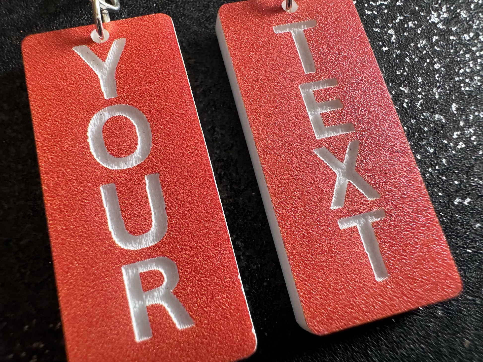 Custom Text Earrings: Laser Engraved Words, Orange with White Text, Letters, Names, Teacher Gift, Anniversary, Best Gifts for Her/Him/Them