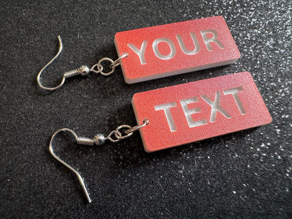 Custom Text Earrings: Laser Engraved Words, Orange with White Text, Letters, Names, Teacher Gift, Anniversary, Best Gifts for Her/Him/Them