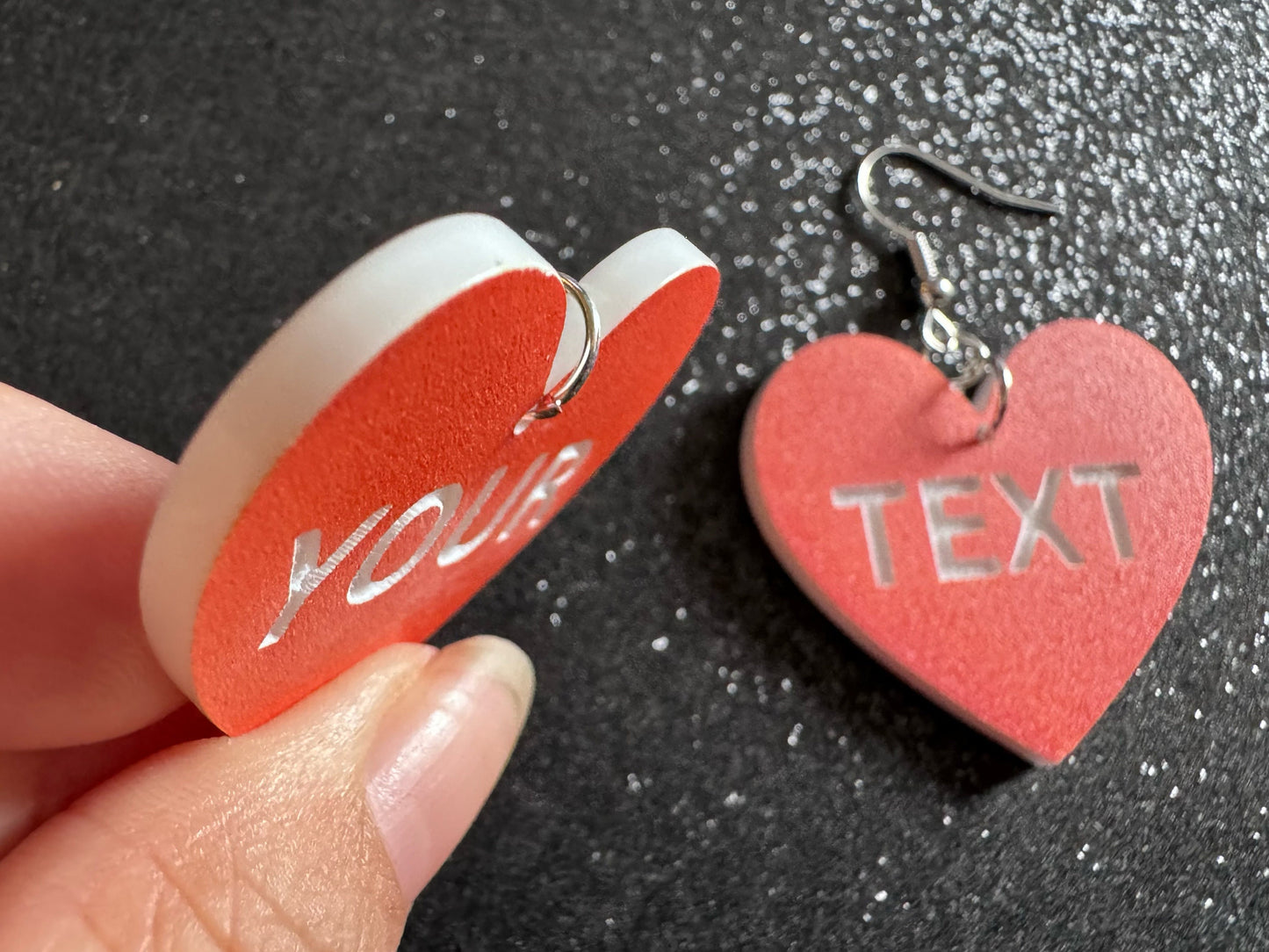 Custom Text Earrings: Laser Engraved Words, Orange with White Text, Letters, Names, Teacher Gift, Anniversary, Best Gifts for Her/Him/Them
