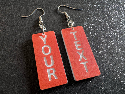 Custom Text Earrings: Laser Engraved Words, Orange with White Text, Letters, Names, Teacher Gift, Anniversary, Best Gifts for Her/Him/Them