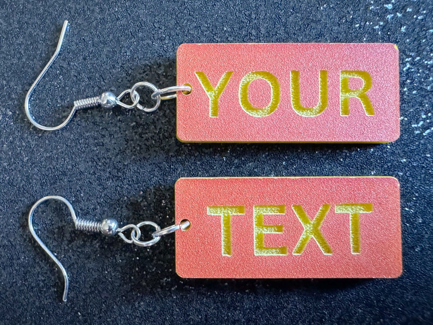 Custom Text Earrings: Laser Engraved Words, Orange with Yellow Text, Letters, Names, Teacher Gift, Anniversary, Best Gifts for Her/Him/Them