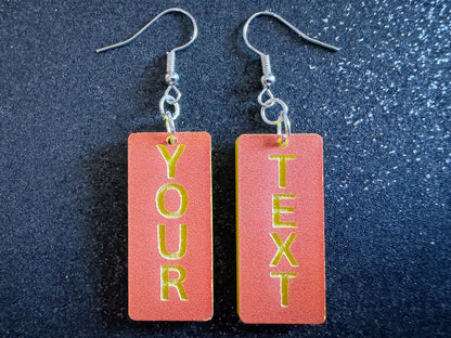 Custom Text Earrings: Laser Engraved Words, Orange with Yellow Text, Letters, Names, Teacher Gift, Anniversary, Best Gifts for Her/Him/Them