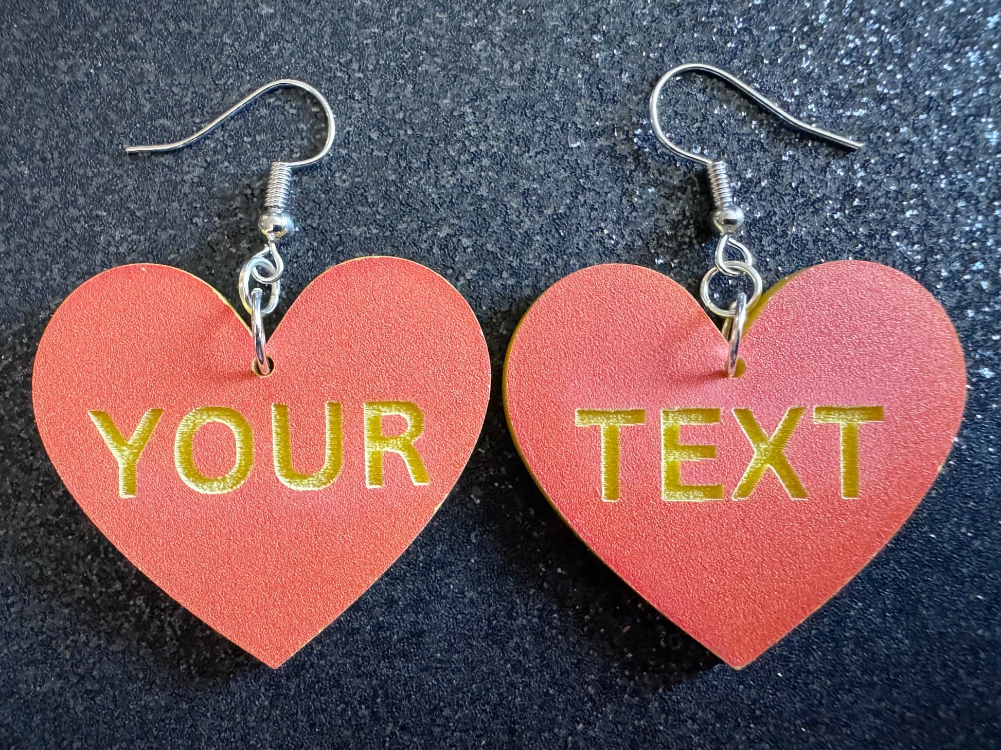 Custom Text Earrings: Laser Engraved Words, Orange with Yellow Text, Letters, Names, Teacher Gift, Anniversary, Best Gifts for Her/Him/Them