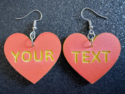 Custom Text Earrings: Laser Engraved Words, Orange with Yellow Text, Letters, Names, Teacher Gift, Anniversary, Best Gifts for Her/Him/Them
