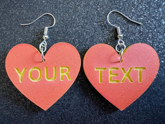 Custom Text Earrings: Laser Engraved Words, Orange with Yellow Text, Letters, Names, Teacher Gift, Anniversary, Best Gifts for Her/Him/Them