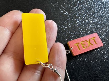Custom Text Earrings: Laser Engraved Words, Orange with Yellow Text, Letters, Names, Teacher Gift, Anniversary, Best Gifts for Her/Him/Them