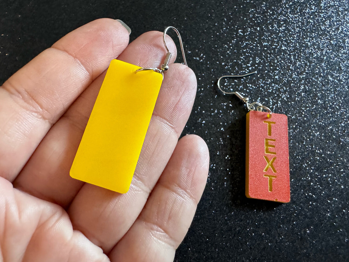 Custom Text Earrings: Laser Engraved Words, Orange with Yellow Text, Letters, Names, Teacher Gift, Anniversary, Best Gifts for Her/Him/Them