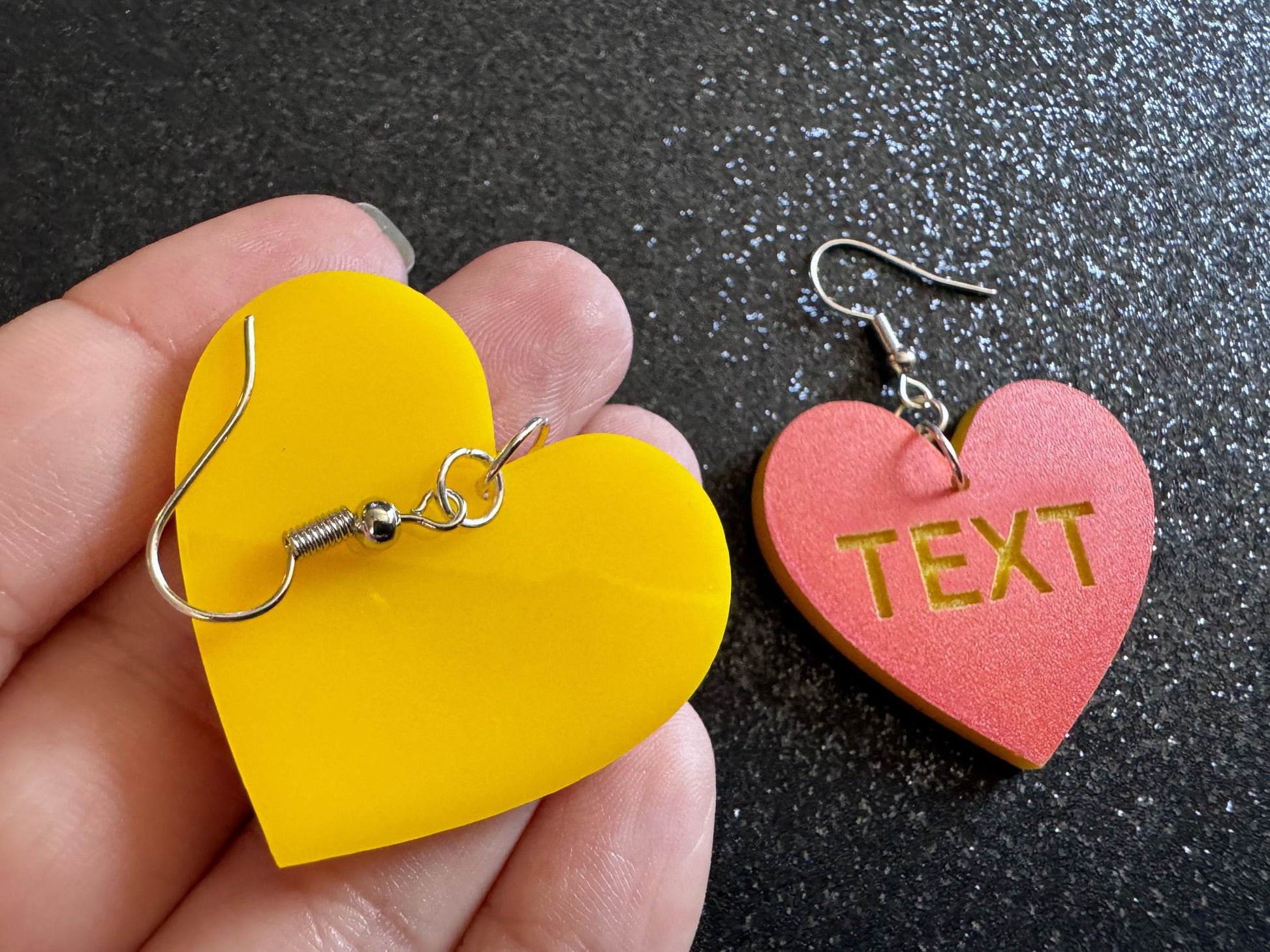 Custom Text Earrings: Laser Engraved Words, Orange with Yellow Text, Letters, Names, Teacher Gift, Anniversary, Best Gifts for Her/Him/Them