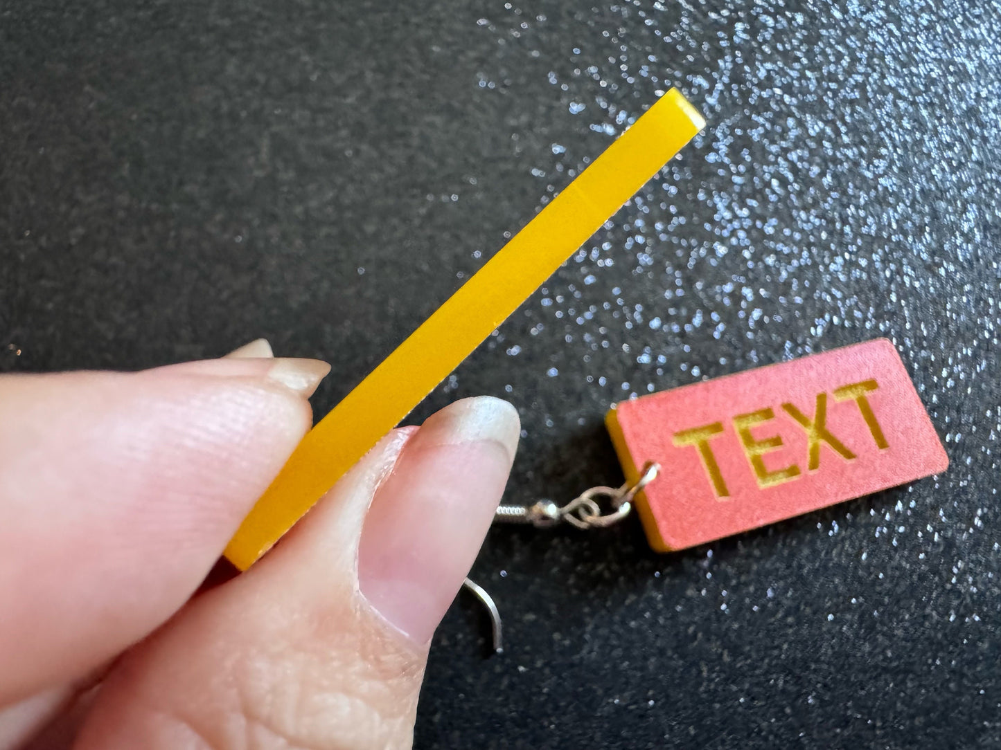Custom Text Earrings: Laser Engraved Words, Orange with Yellow Text, Letters, Names, Teacher Gift, Anniversary, Best Gifts for Her/Him/Them