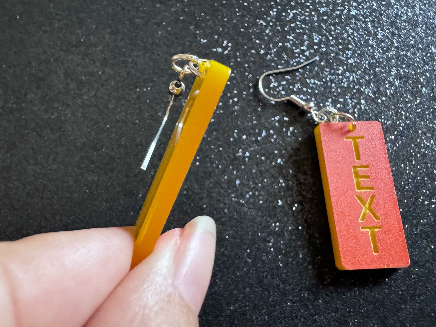 Custom Text Earrings: Laser Engraved Words, Orange with Yellow Text, Letters, Names, Teacher Gift, Anniversary, Best Gifts for Her/Him/Them