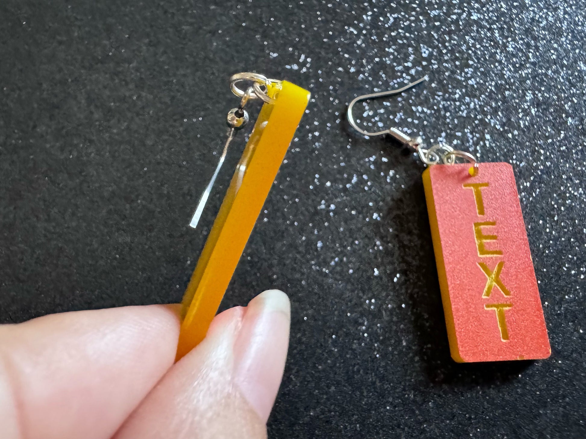 Custom Text Earrings: Laser Engraved Words, Orange with Yellow Text, Letters, Names, Teacher Gift, Anniversary, Best Gifts for Her/Him/Them