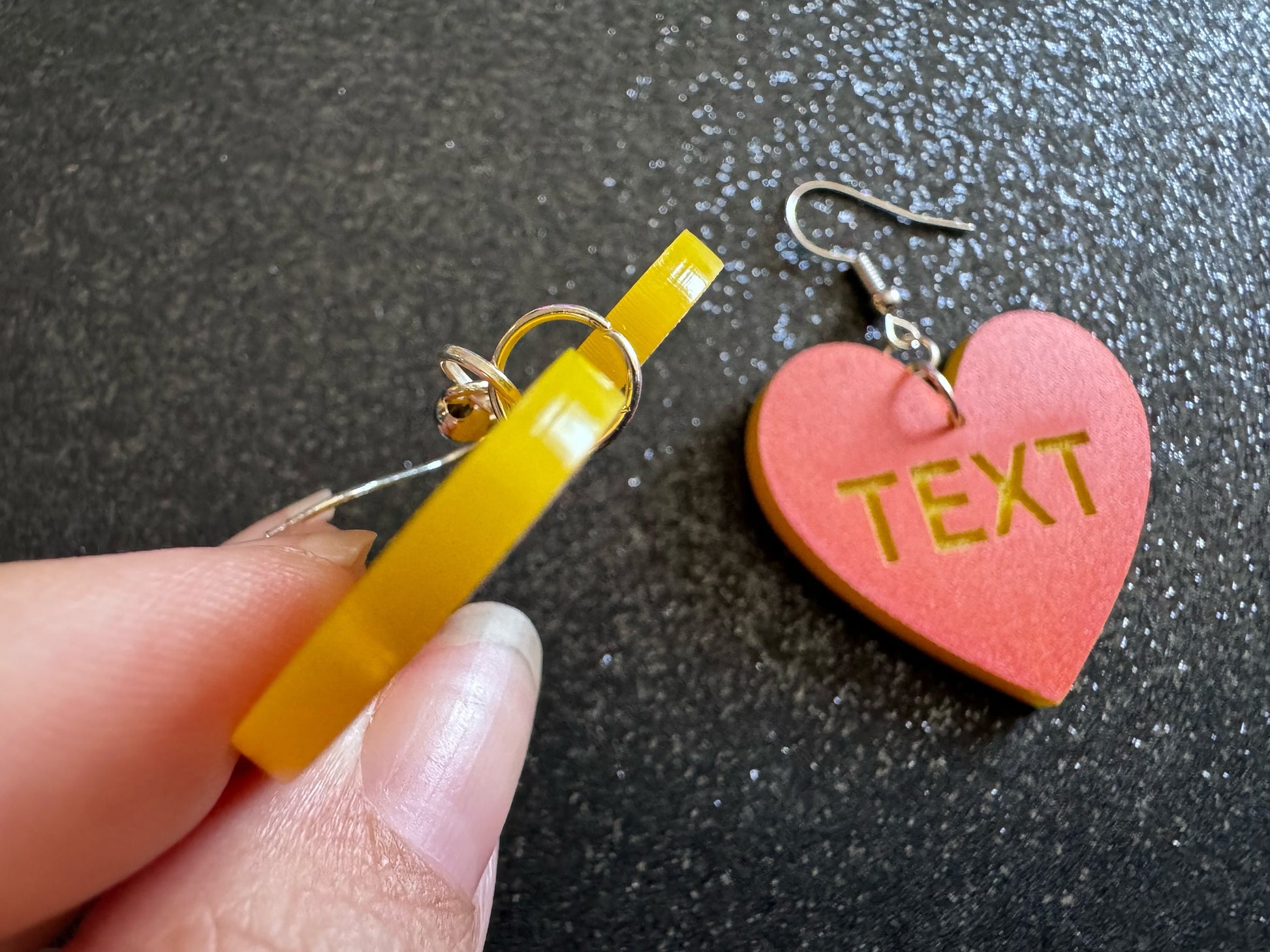 Custom Text Earrings: Laser Engraved Words, Orange with Yellow Text, Letters, Names, Teacher Gift, Anniversary, Best Gifts for Her/Him/Them