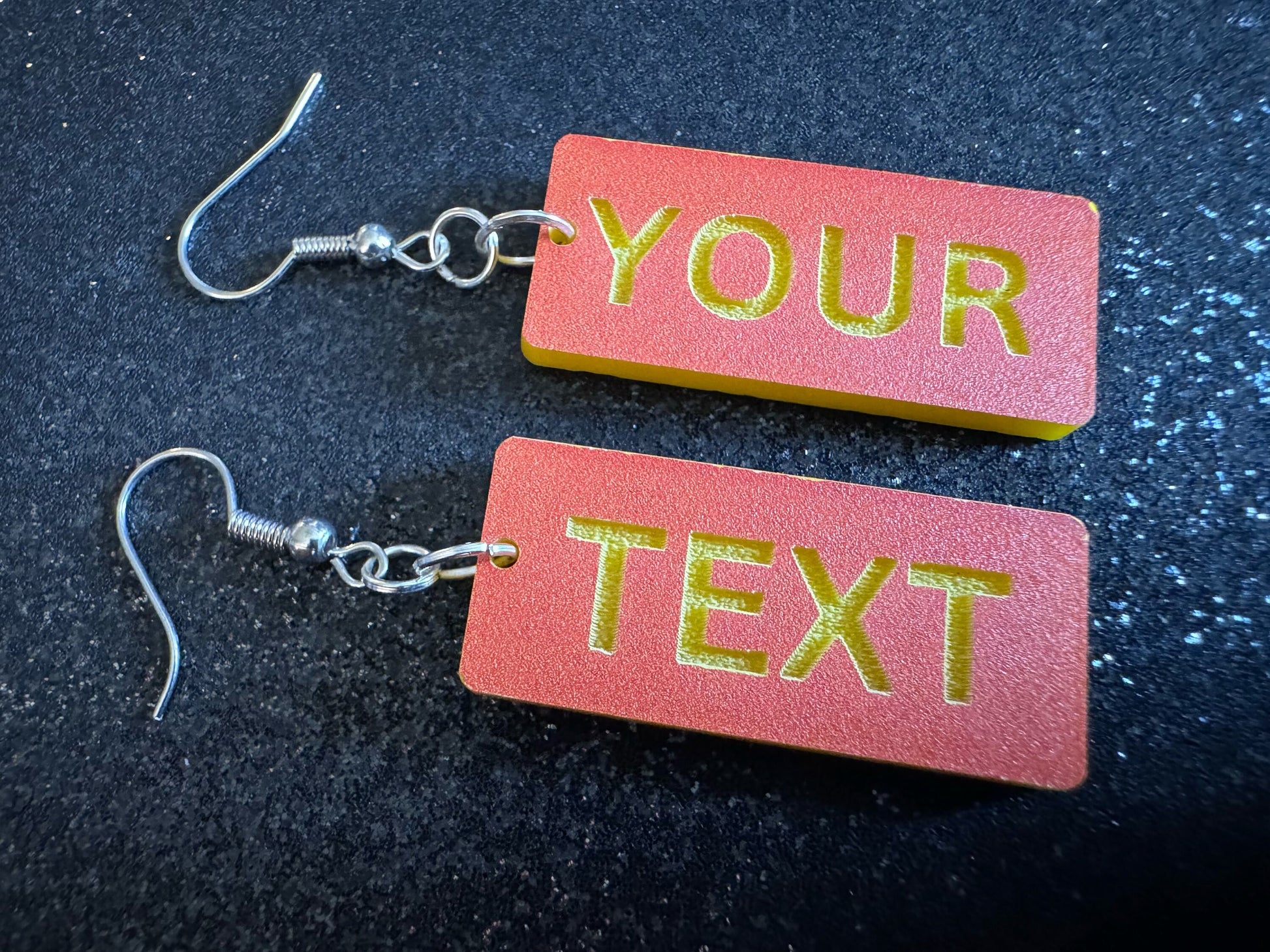 Custom Text Earrings: Laser Engraved Words, Orange with Yellow Text, Letters, Names, Teacher Gift, Anniversary, Best Gifts for Her/Him/Them