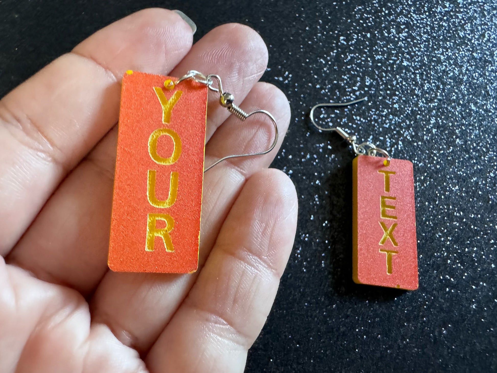 Custom Text Earrings: Laser Engraved Words, Orange with Yellow Text, Letters, Names, Teacher Gift, Anniversary, Best Gifts for Her/Him/Them