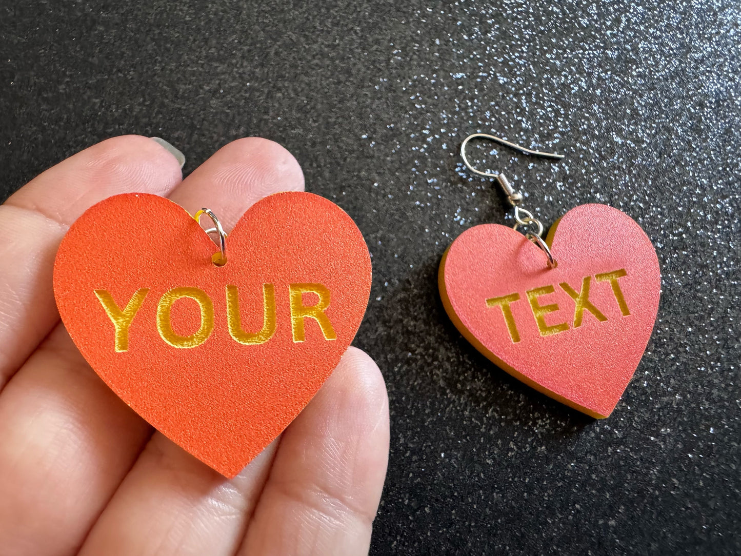 Custom Text Earrings: Laser Engraved Words, Orange with Yellow Text, Letters, Names, Teacher Gift, Anniversary, Best Gifts for Her/Him/Them