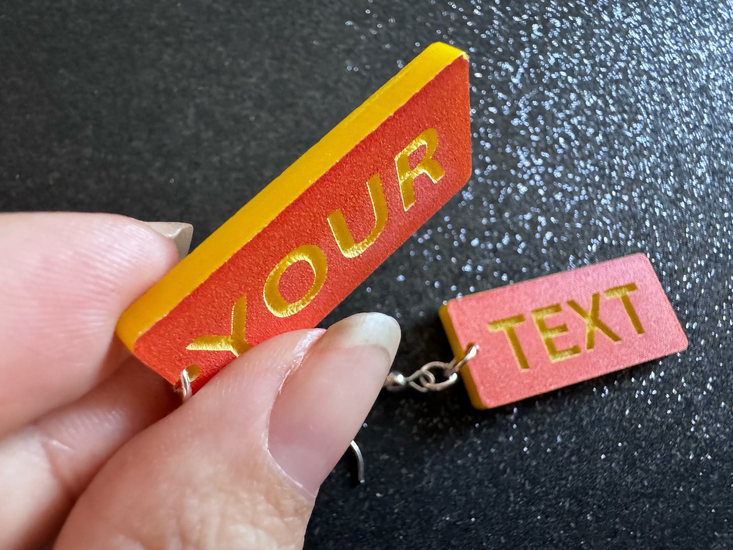 Custom Text Earrings: Laser Engraved Words, Orange with Yellow Text, Letters, Names, Teacher Gift, Anniversary, Best Gifts for Her/Him/Them