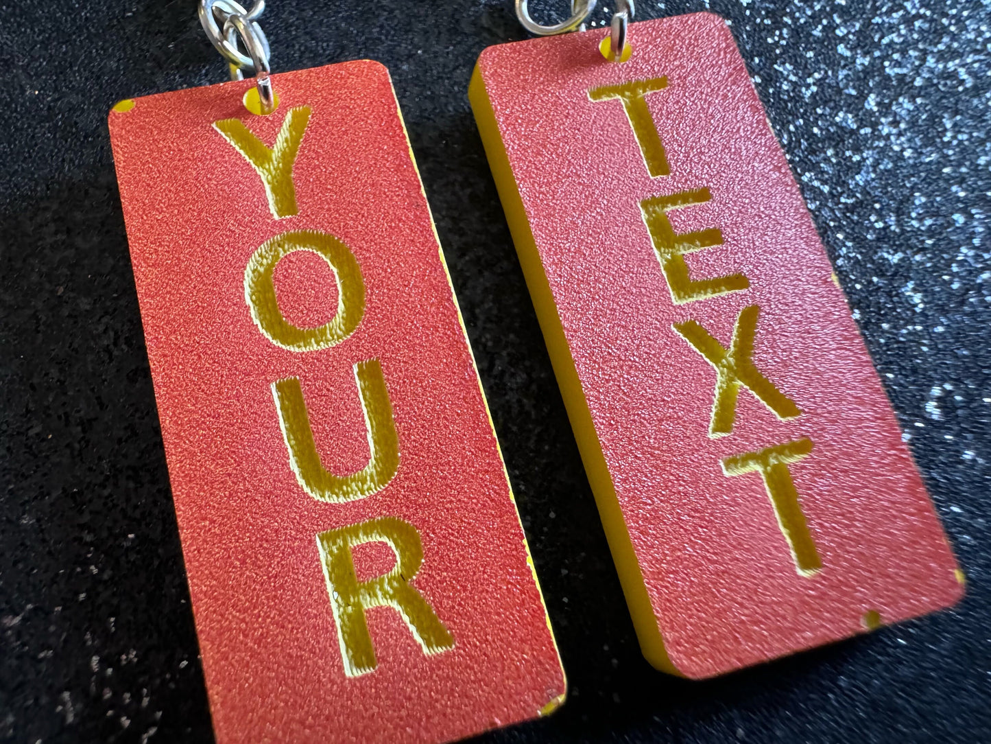 Custom Text Earrings: Laser Engraved Words, Orange with Yellow Text, Letters, Names, Teacher Gift, Anniversary, Best Gifts for Her/Him/Them