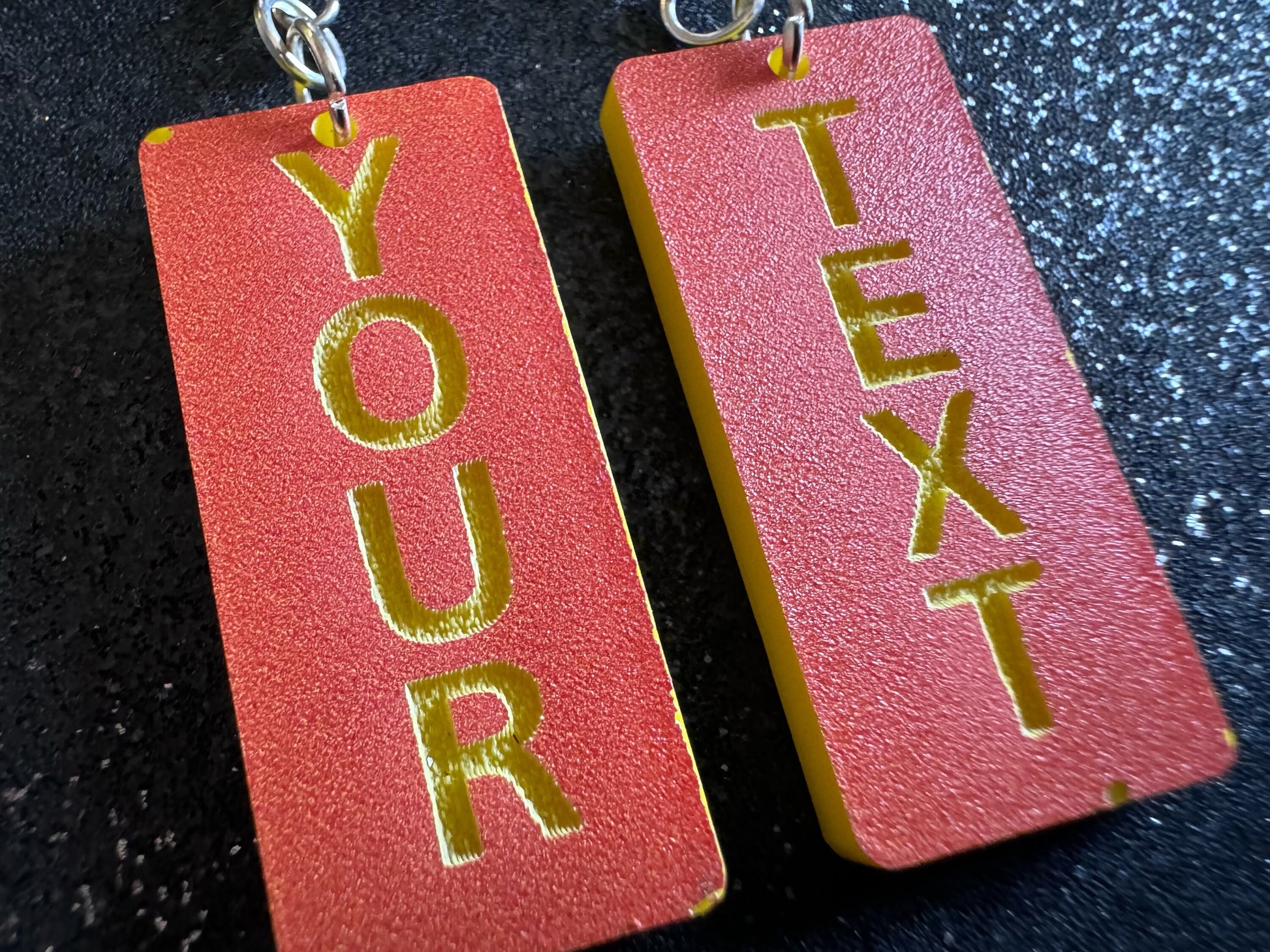 Custom Text Earrings: Laser Engraved Words, Orange with Yellow Text, Letters, Names, Teacher Gift, Anniversary, Best Gifts for Her/Him/Them
