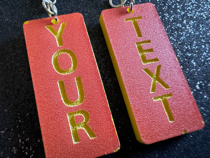 Custom Text Earrings: Laser Engraved Words, Orange with Yellow Text, Letters, Names, Teacher Gift, Anniversary, Best Gifts for Her/Him/Them