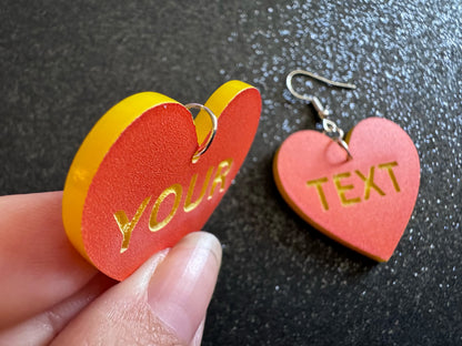 Custom Text Earrings: Laser Engraved Words, Orange with Yellow Text, Letters, Names, Teacher Gift, Anniversary, Best Gifts for Her/Him/Them