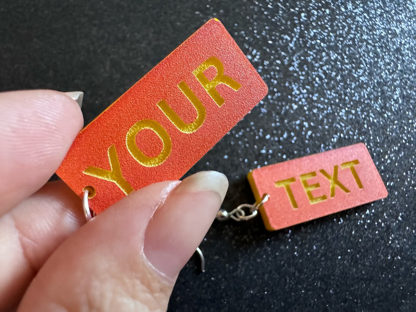 Custom Text Earrings: Laser Engraved Words, Orange with Yellow Text, Letters, Names, Teacher Gift, Anniversary, Best Gifts for Her/Him/Them