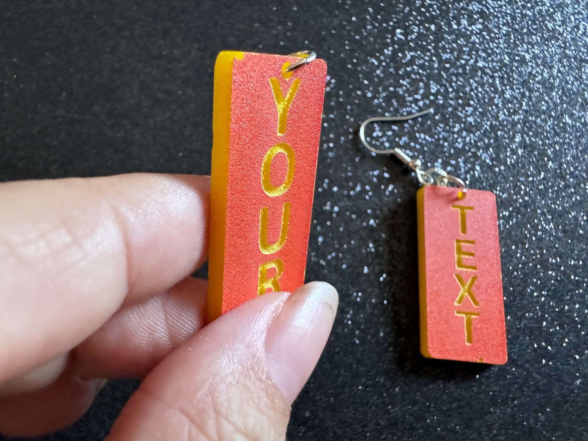 Custom Text Earrings: Laser Engraved Words, Orange with Yellow Text, Letters, Names, Teacher Gift, Anniversary, Best Gifts for Her/Him/Them