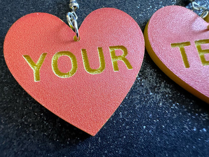Custom Text Earrings: Laser Engraved Words, Orange with Yellow Text, Letters, Names, Teacher Gift, Anniversary, Best Gifts for Her/Him/Them