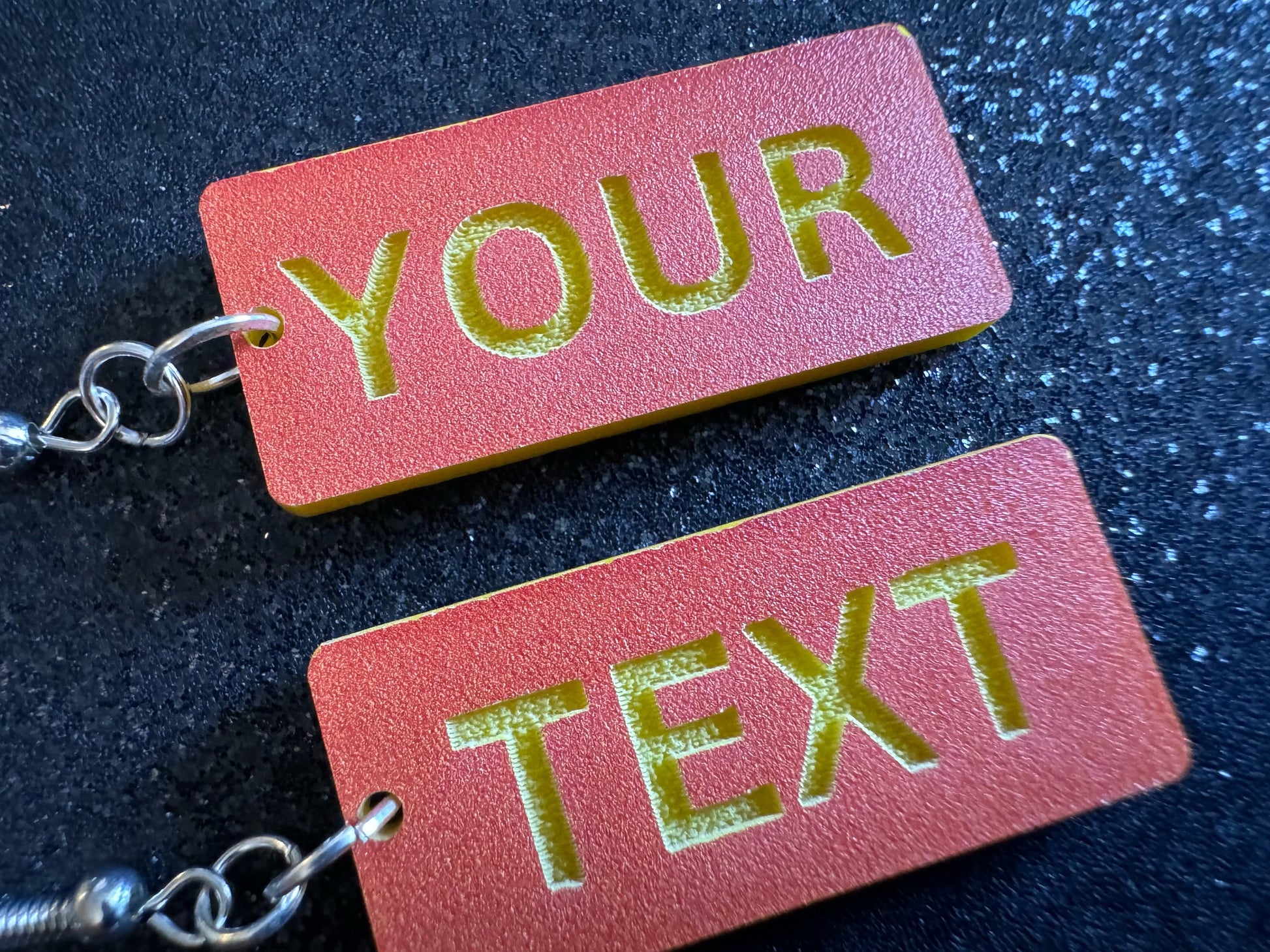 Custom Text Earrings: Laser Engraved Words, Orange with Yellow Text, Letters, Names, Teacher Gift, Anniversary, Best Gifts for Her/Him/Them