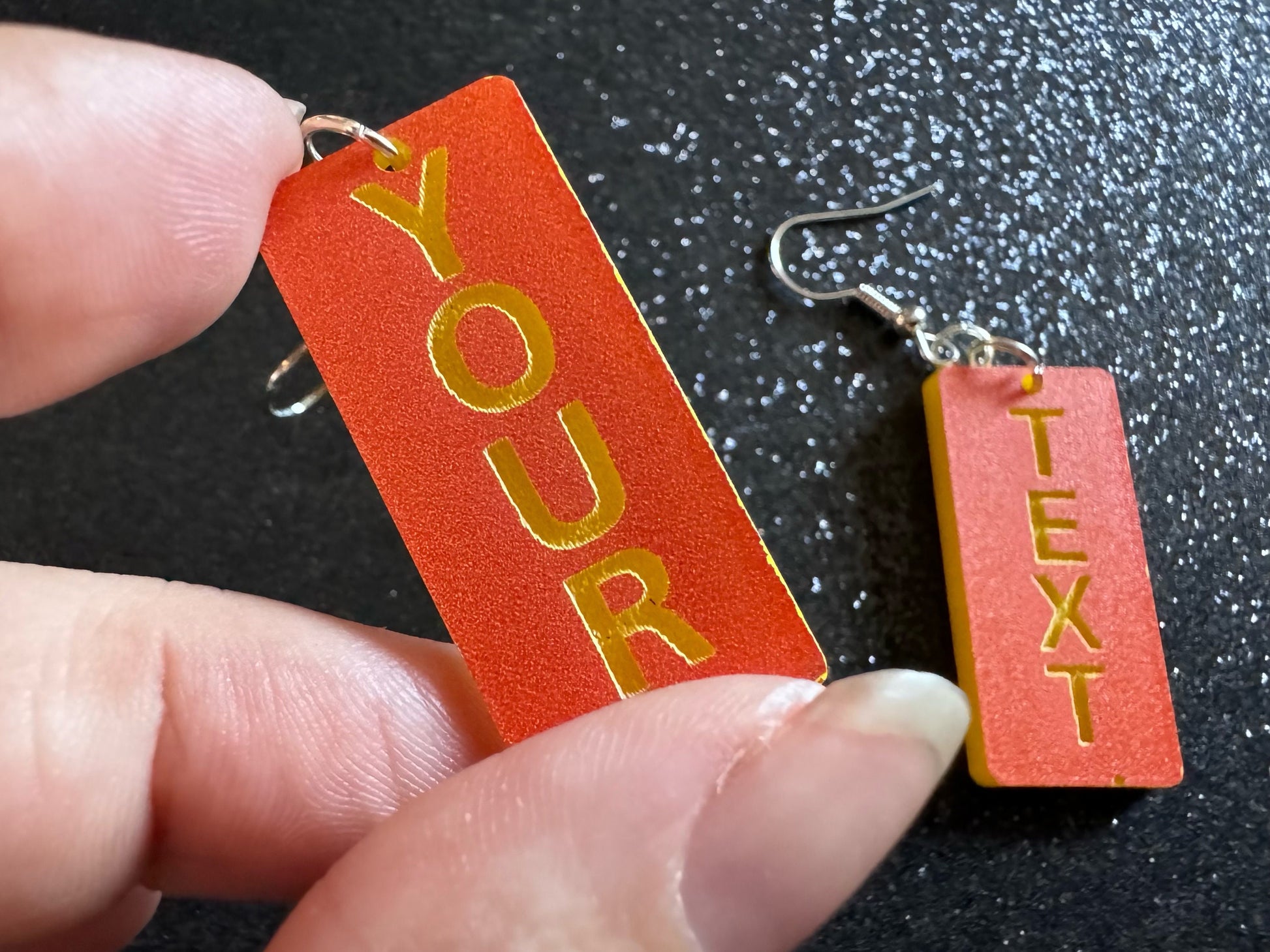 Custom Text Earrings: Laser Engraved Words, Orange with Yellow Text, Letters, Names, Teacher Gift, Anniversary, Best Gifts for Her/Him/Them