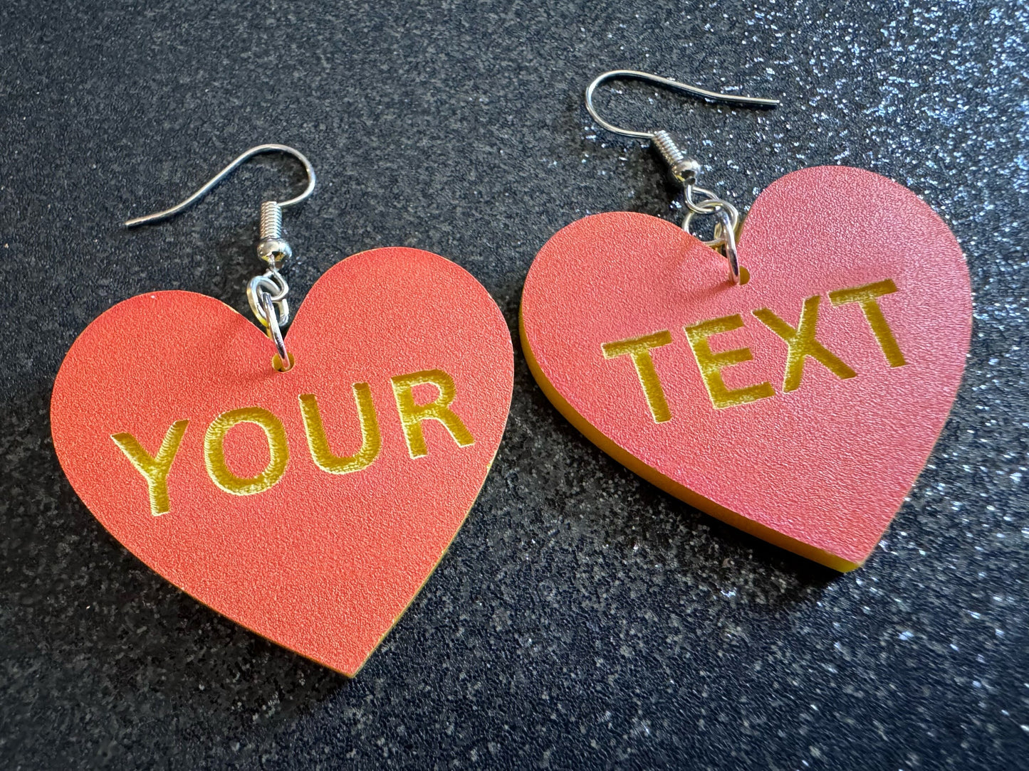 Custom Text Earrings: Laser Engraved Words, Orange with Yellow Text, Letters, Names, Teacher Gift, Anniversary, Best Gifts for Her/Him/Them