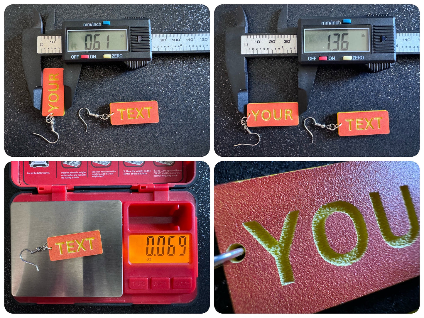 Custom Text Earrings: Laser Engraved Words, Orange with Yellow Text, Letters, Names, Teacher Gift, Anniversary, Best Gifts for Her/Him/Them