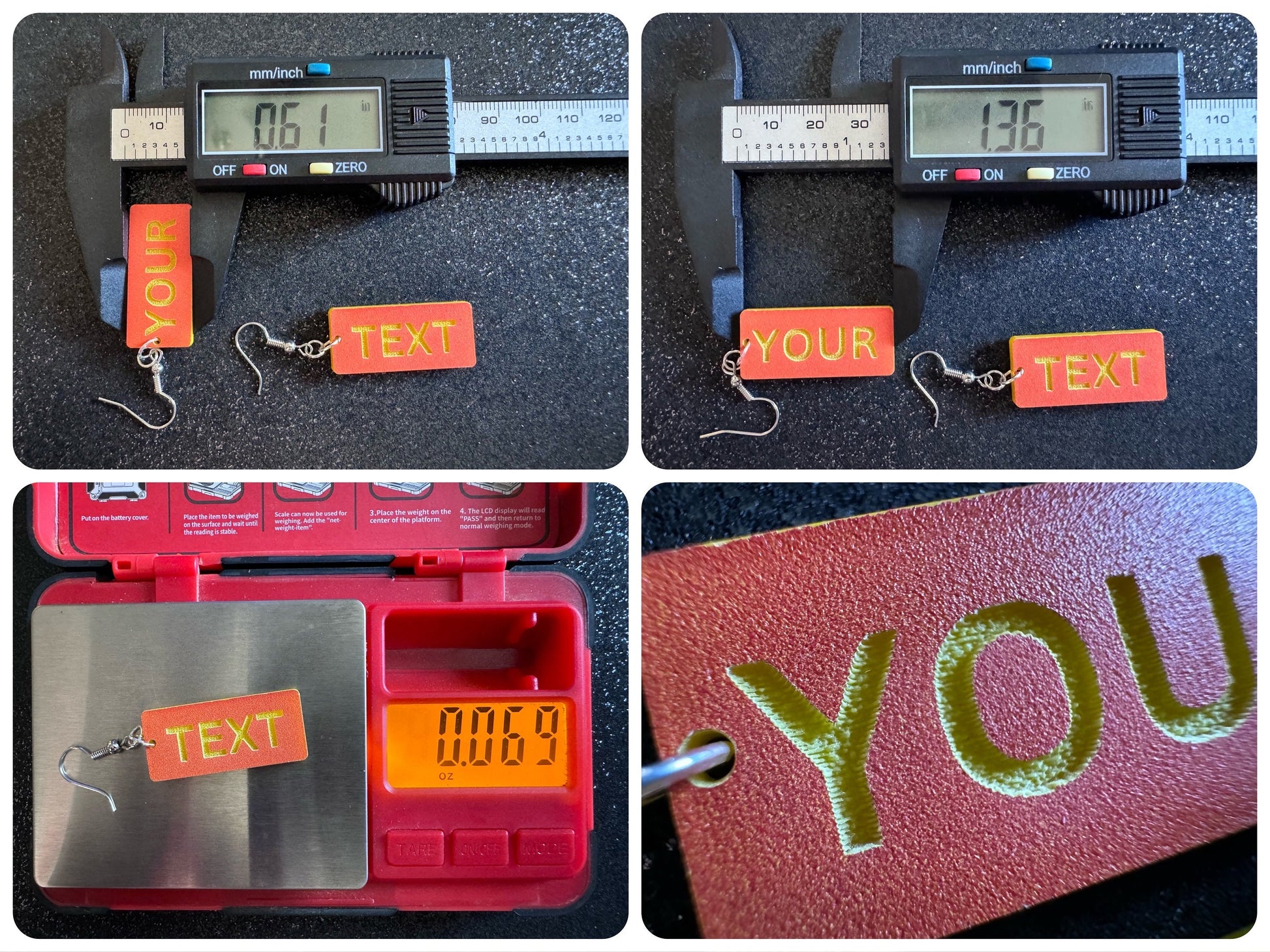 Custom Text Earrings: Laser Engraved Words, Orange with Yellow Text, Letters, Names, Teacher Gift, Anniversary, Best Gifts for Her/Him/Them