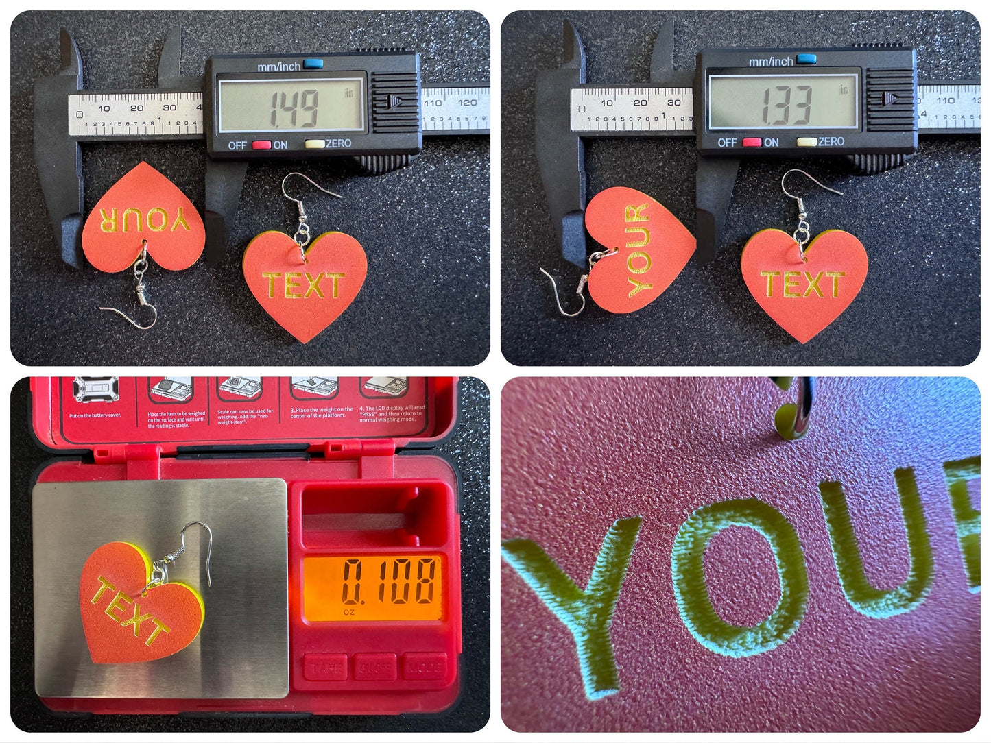 Custom Text Earrings: Laser Engraved Words, Orange with Yellow Text, Letters, Names, Teacher Gift, Anniversary, Best Gifts for Her/Him/Them