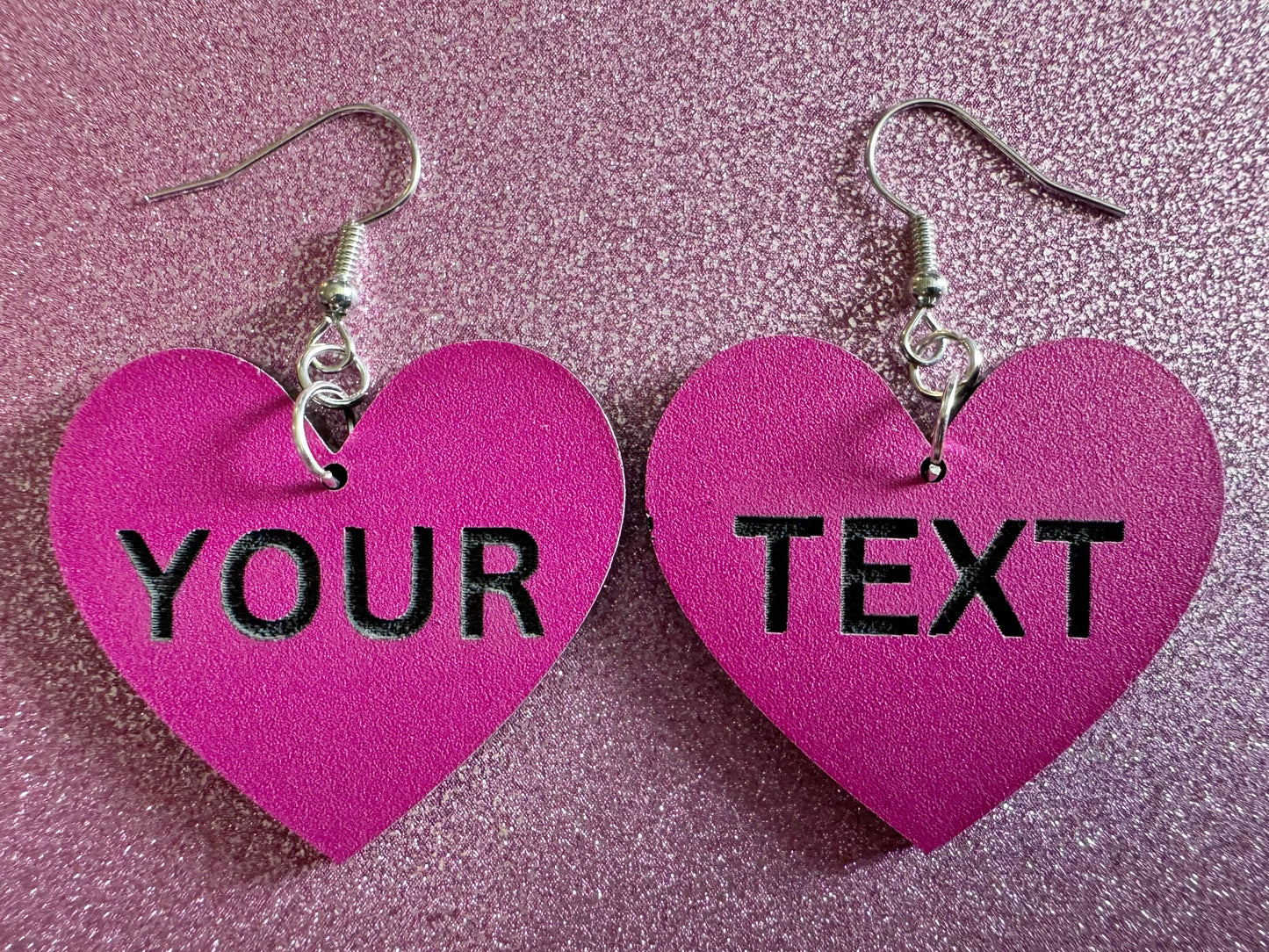 Custom Text Earrings: Laser Engraved Words, Pink with Black Text, Letters, Names, Teacher Gift, Anniversary, Best Gifts for Her/Him/Them