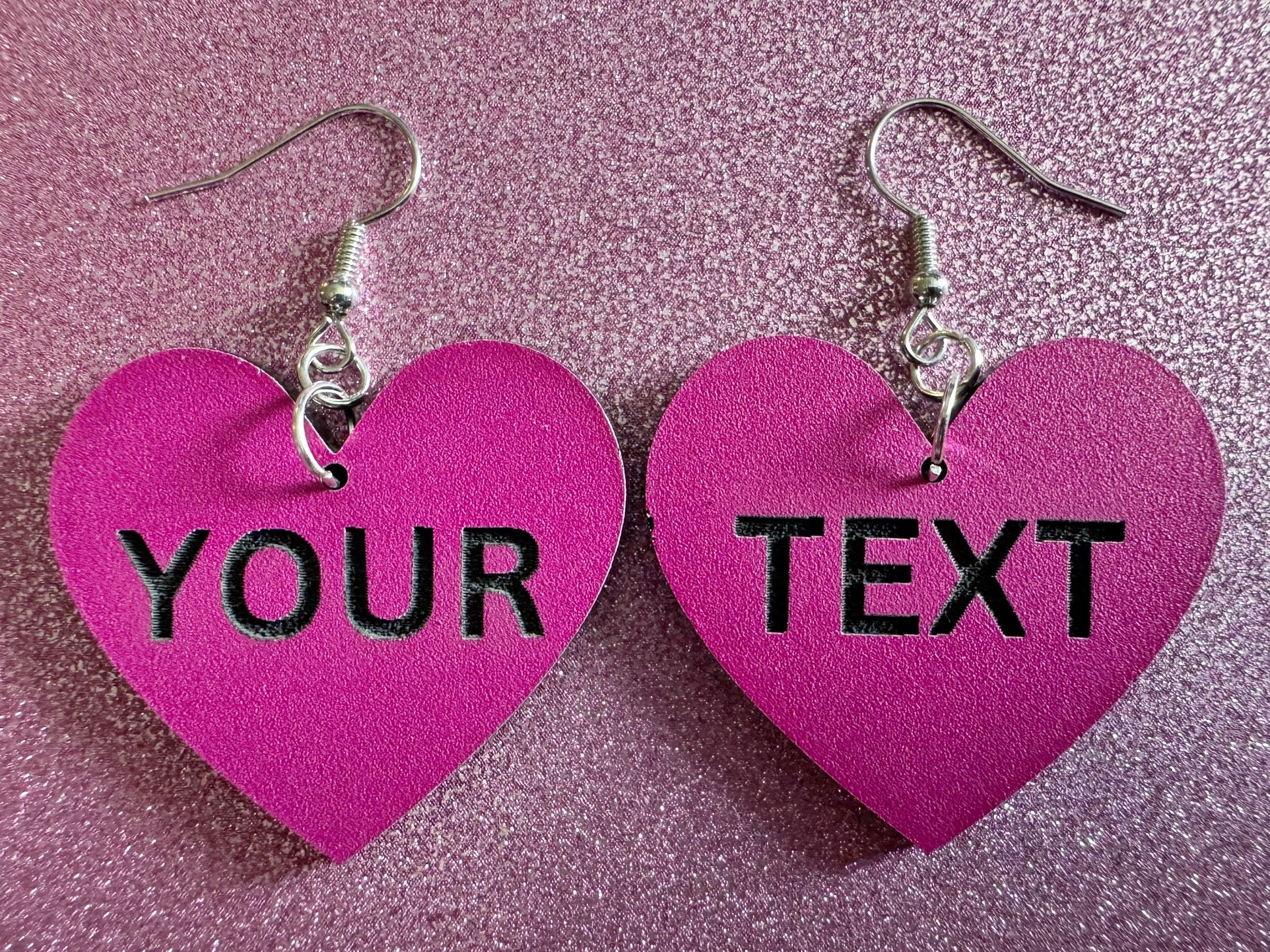 Custom Text Earrings: Laser Engraved Words, Pink with Black Text, Letters, Names, Teacher Gift, Anniversary, Best Gifts for Her/Him/Them