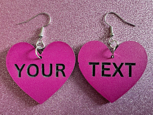 Custom Text Earrings: Laser Engraved Words, Pink with Black Text, Letters, Names, Teacher Gift, Anniversary, Best Gifts for Her/Him/Them