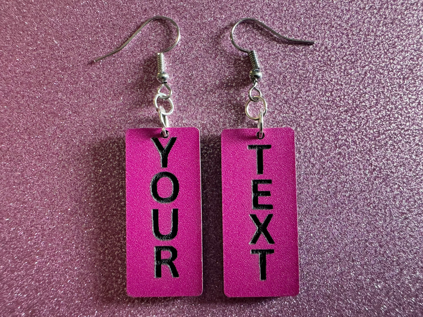 Custom Text Earrings: Laser Engraved Words, Pink with Black Text, Letters, Names, Teacher Gift, Anniversary, Best Gifts for Her/Him/Them