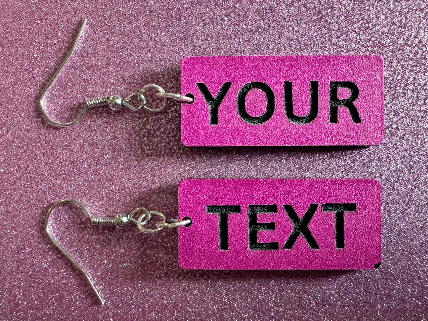 Custom Text Earrings: Laser Engraved Words, Pink with Black Text, Letters, Names, Teacher Gift, Anniversary, Best Gifts for Her/Him/Them