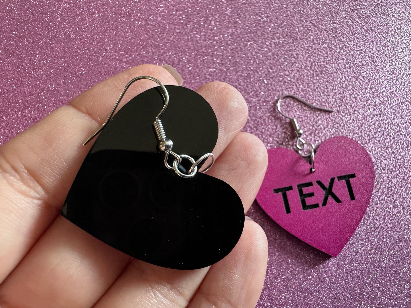Custom Text Earrings: Laser Engraved Words, Pink with Black Text, Letters, Names, Teacher Gift, Anniversary, Best Gifts for Her/Him/Them