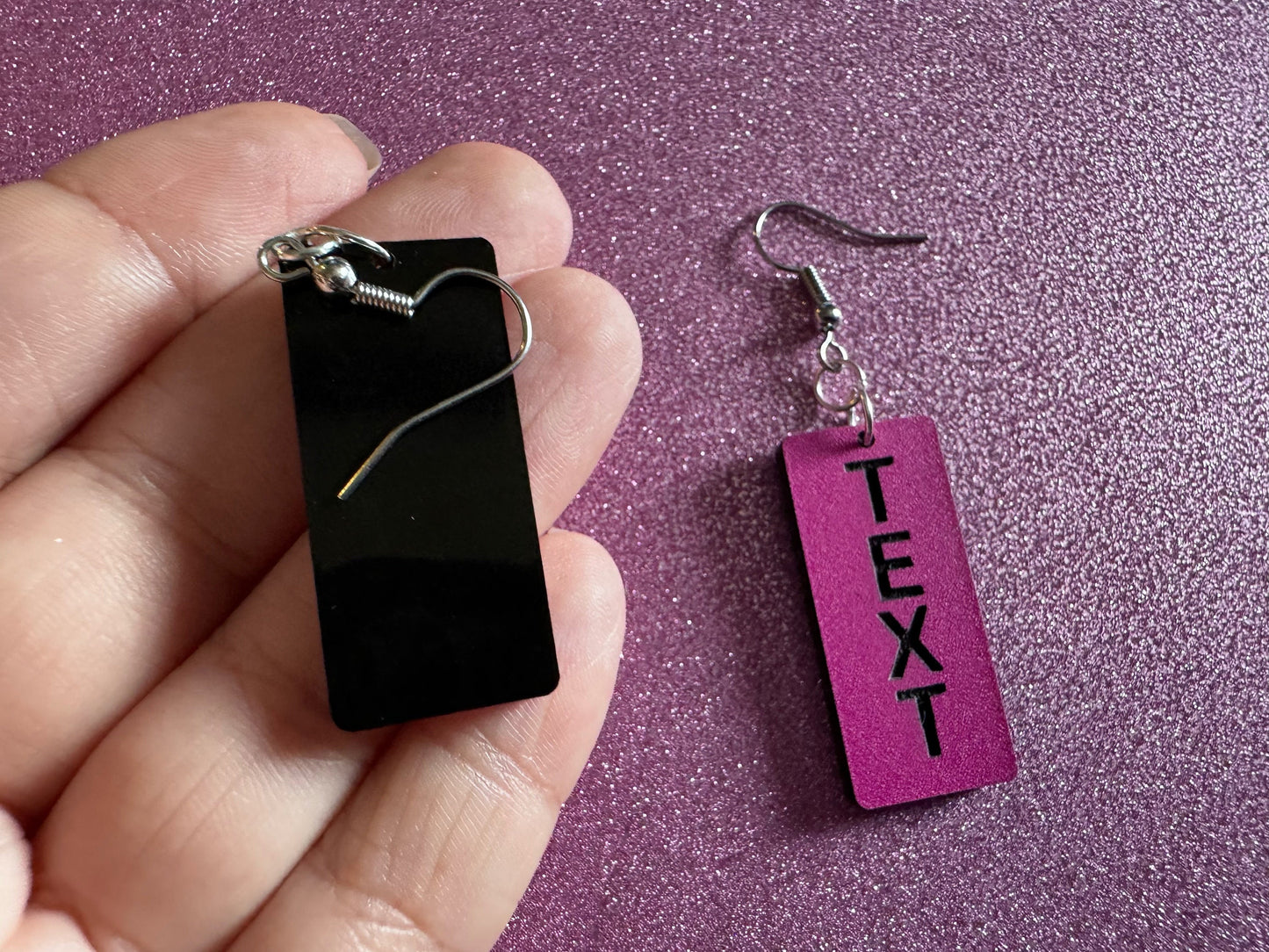 Custom Text Earrings: Laser Engraved Words, Pink with Black Text, Letters, Names, Teacher Gift, Anniversary, Best Gifts for Her/Him/Them